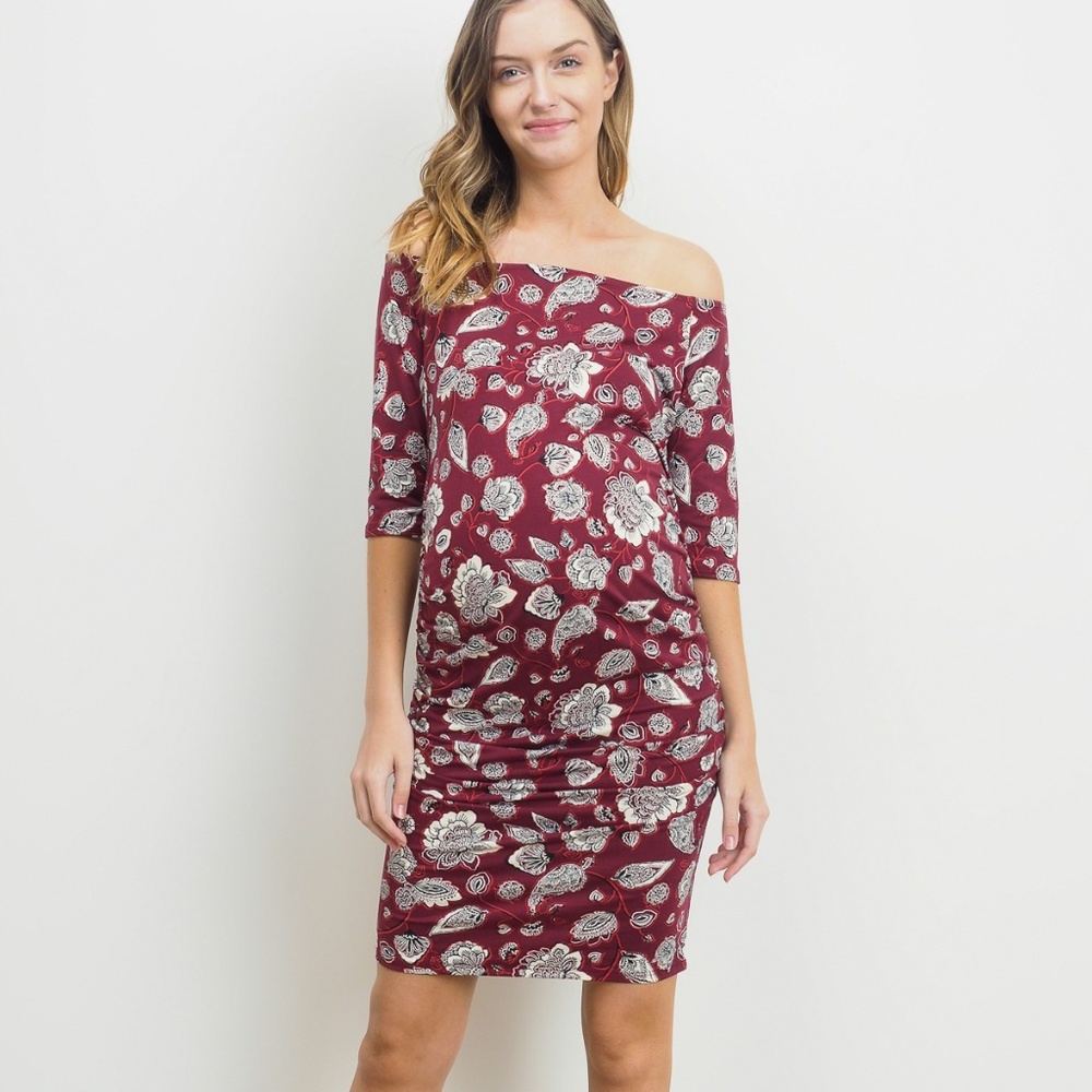 CMD1544B> Floral Off Shoulder Maternity Dress